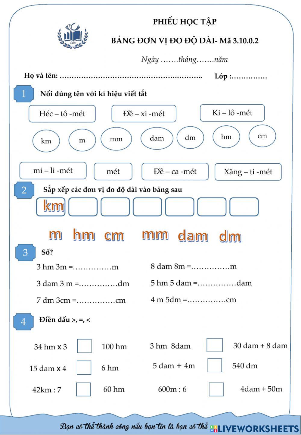 Bảng đơn vị độ dài