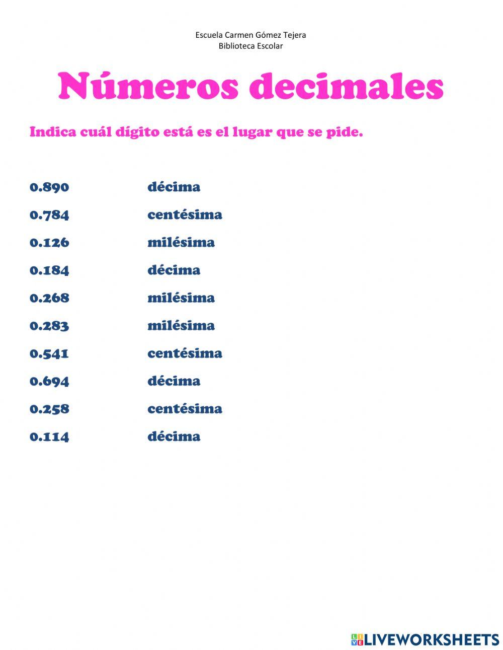 Reconocer lugar posicional decimales
