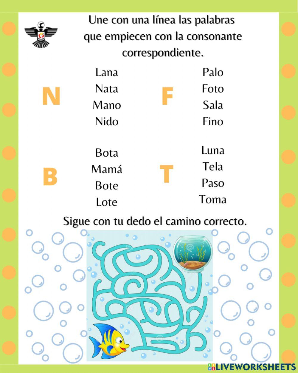 Une con una línea las palabras  que empiecen con la consonante correspondiente.