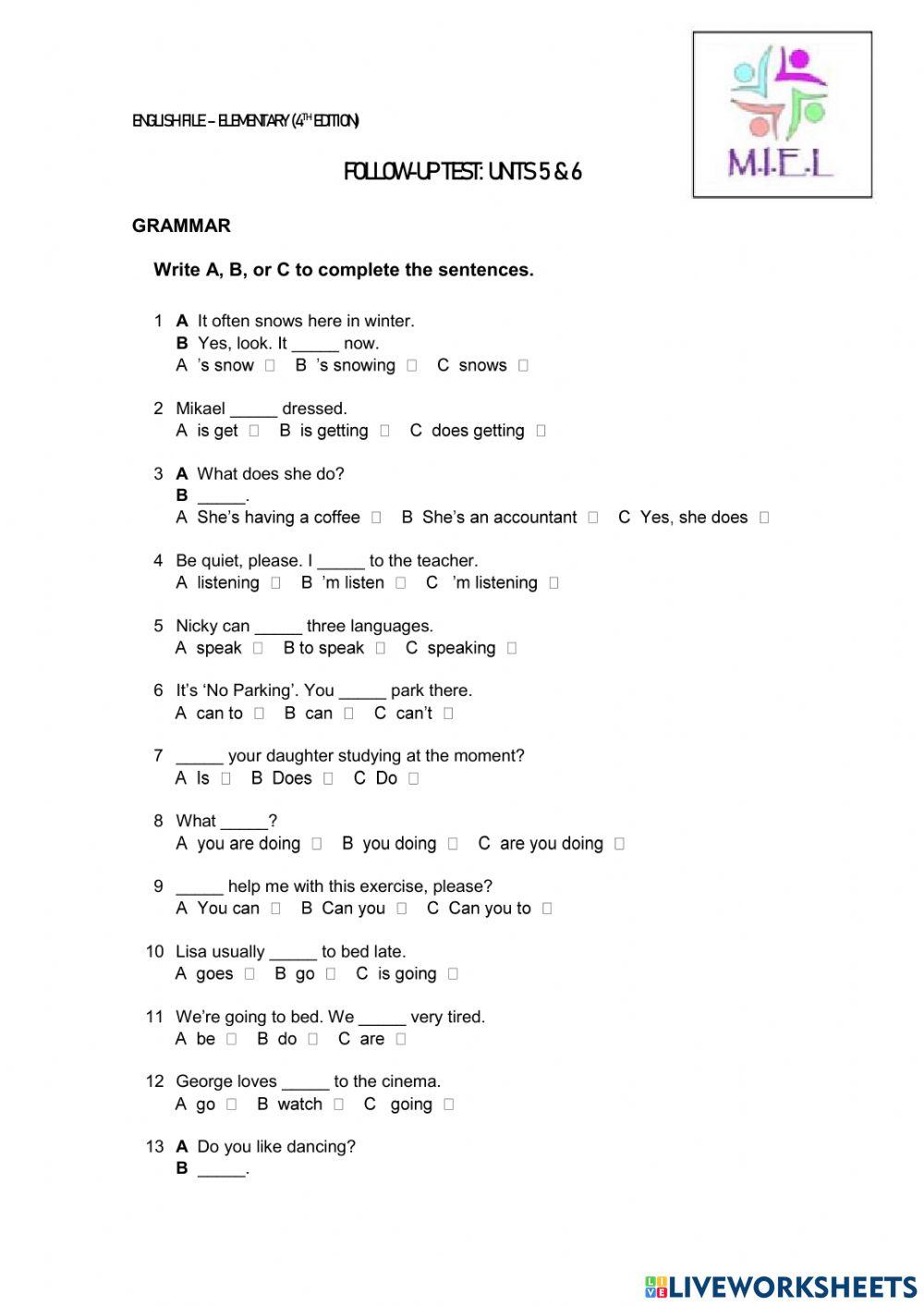 English File - Elementary (4th ed.) Quick test 5 & 6