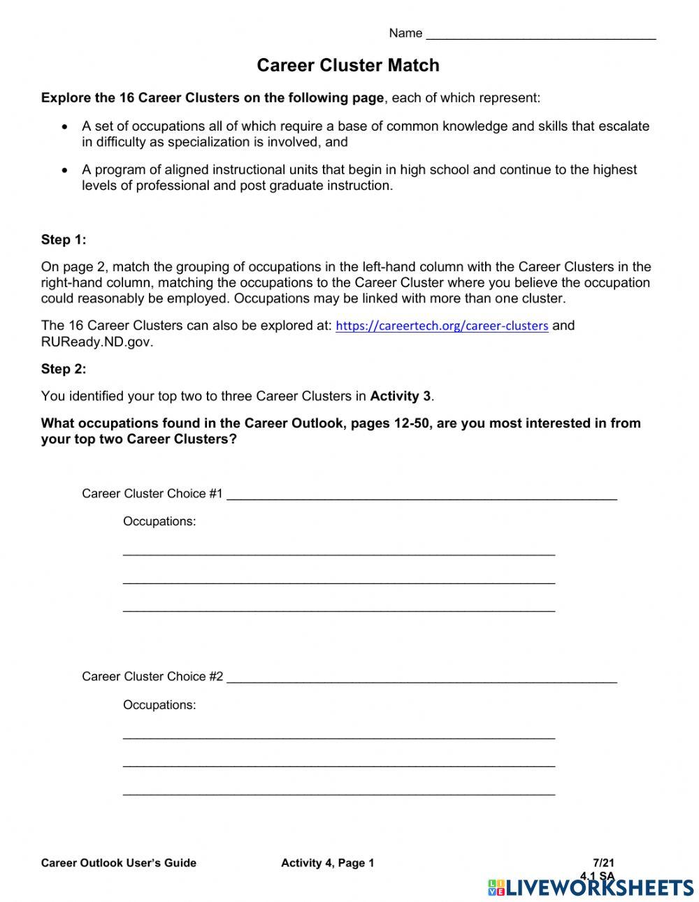 Career Clusters Match online exercise for Live Worksheets
