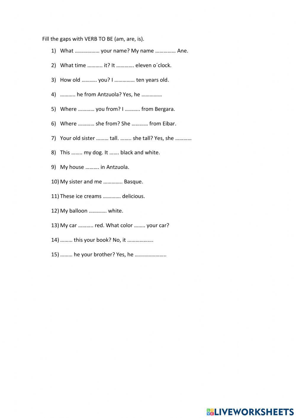 Verb to be Execercises Fill the gaps