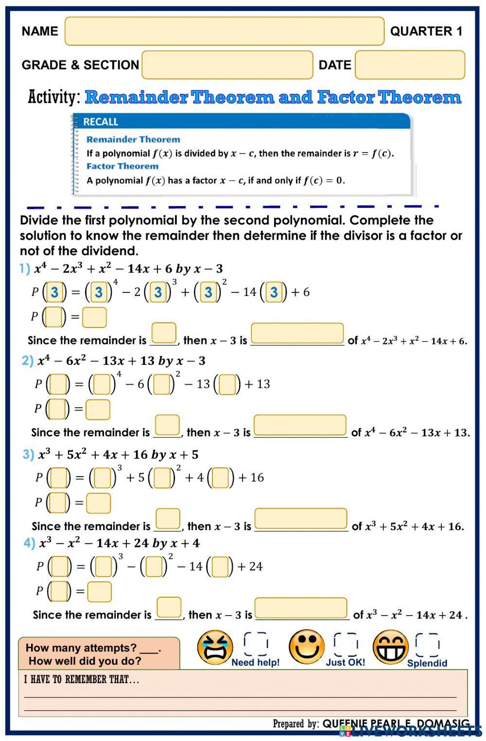 Remainder Theorem and Factor Theorem