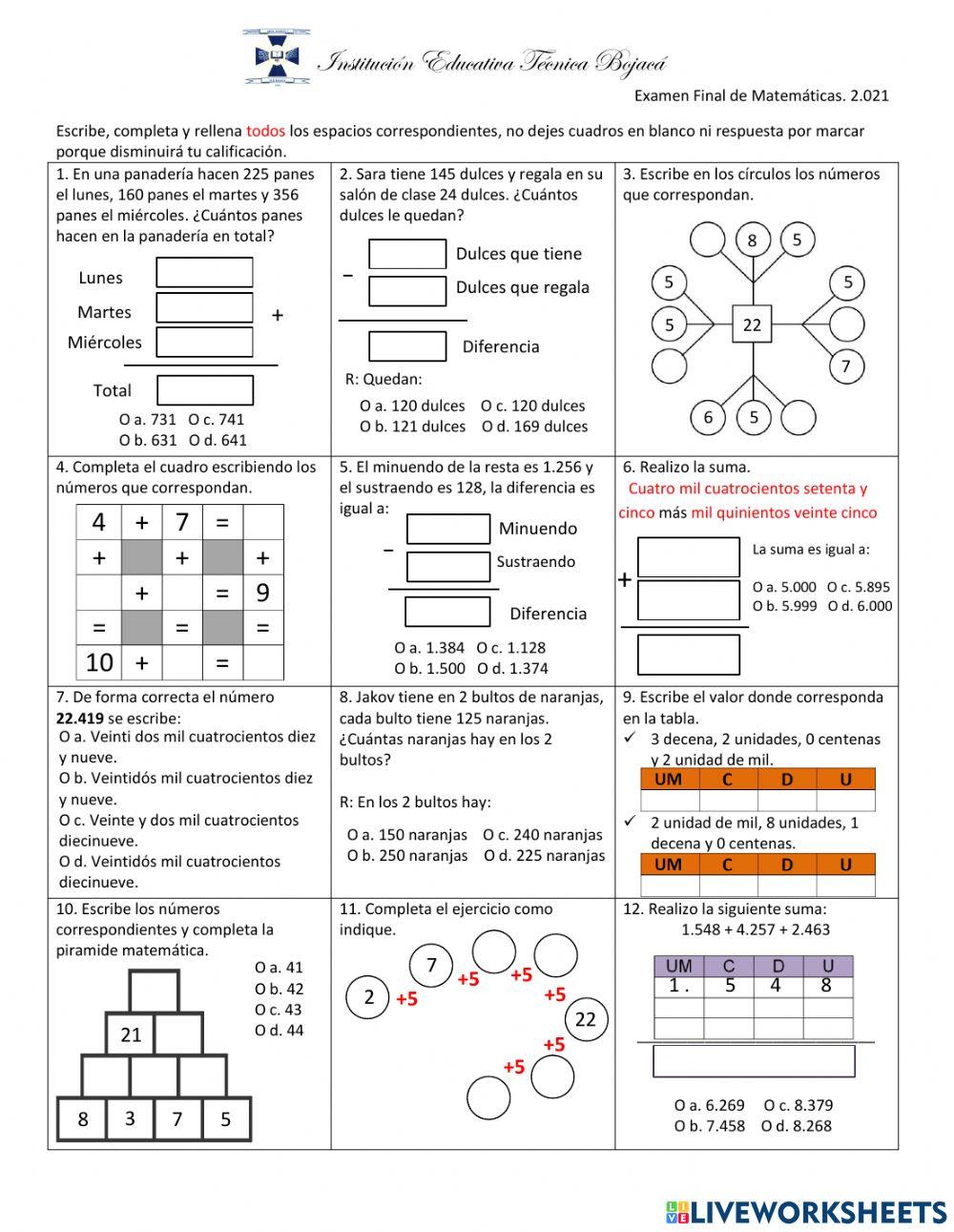 Examen final de Matemáticas tercer periodo Jornada Nocturna