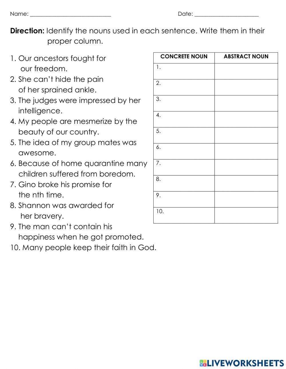 Abstract and Concrete Nouns online exercise for Live Worksheets