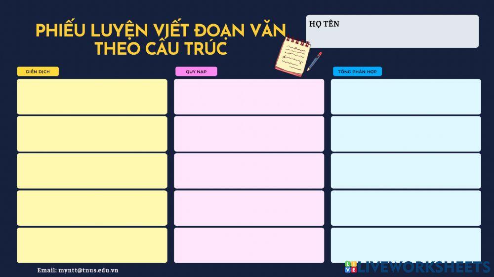 PHIẾU VIẾT ĐOẠN VĂN (DIỄN DỊCH, QUY NẠP, TỔNG PHÂN HỢP)