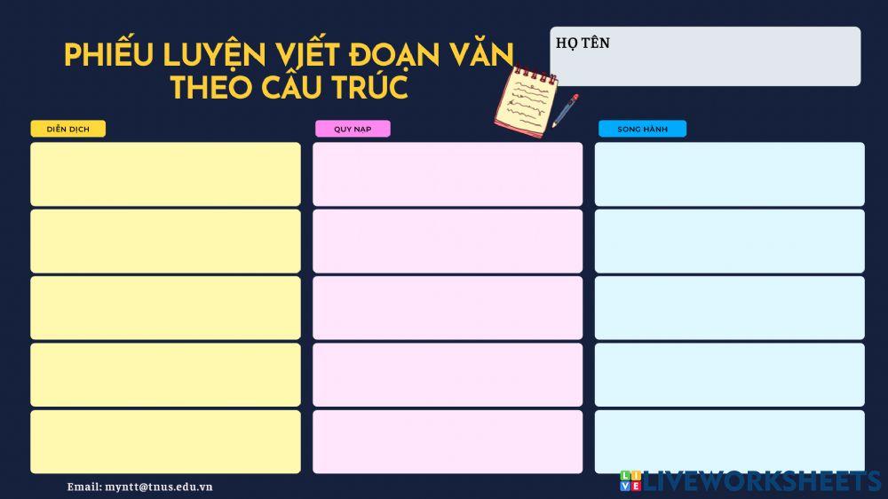 PHIẾU LUYỆN VIẾT ĐOẠN VĂN (DIỄN DỊCH, QUY NẠP, SONG HÀNH)