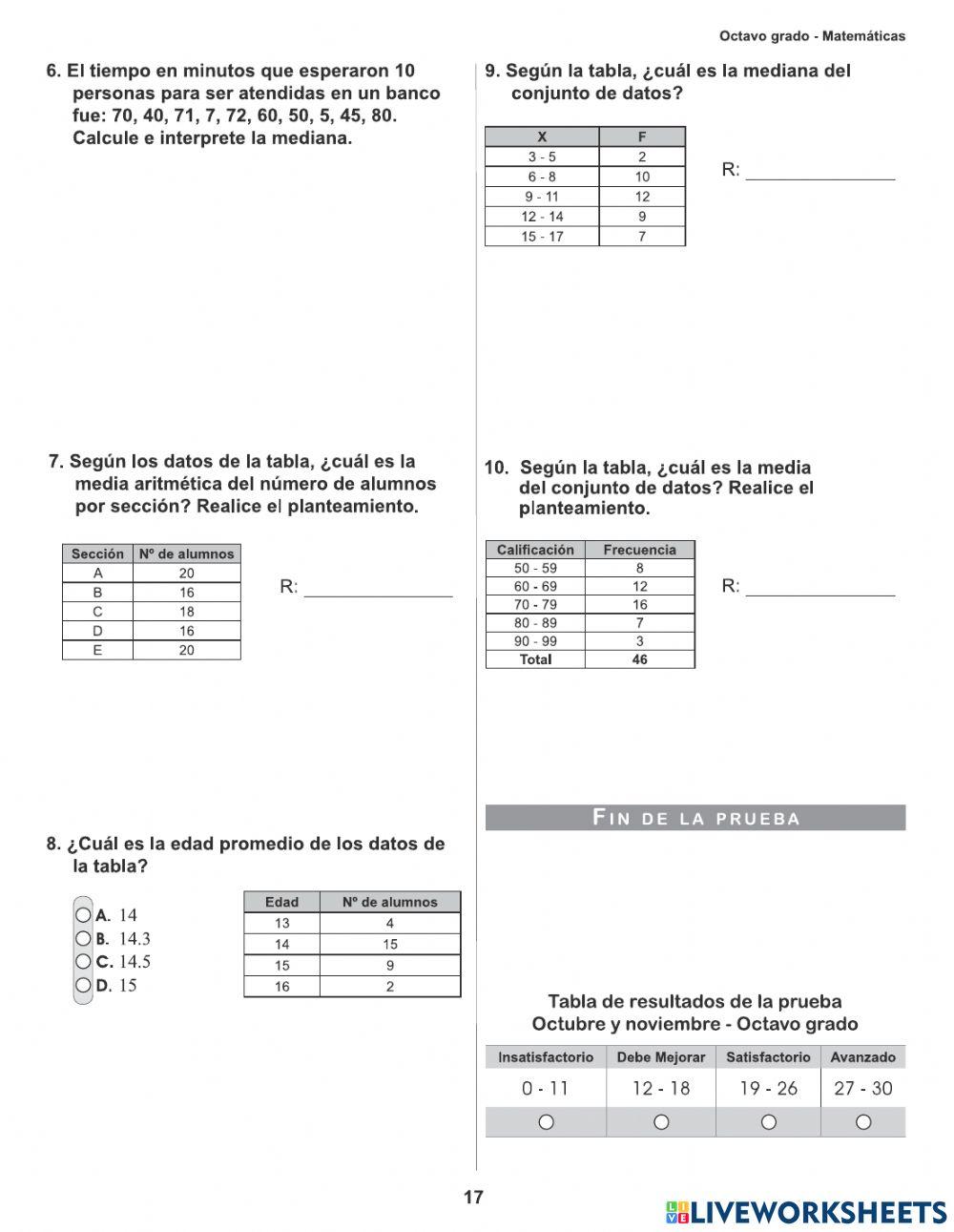Prueba formativa Math- 8avo- Octubre y nov