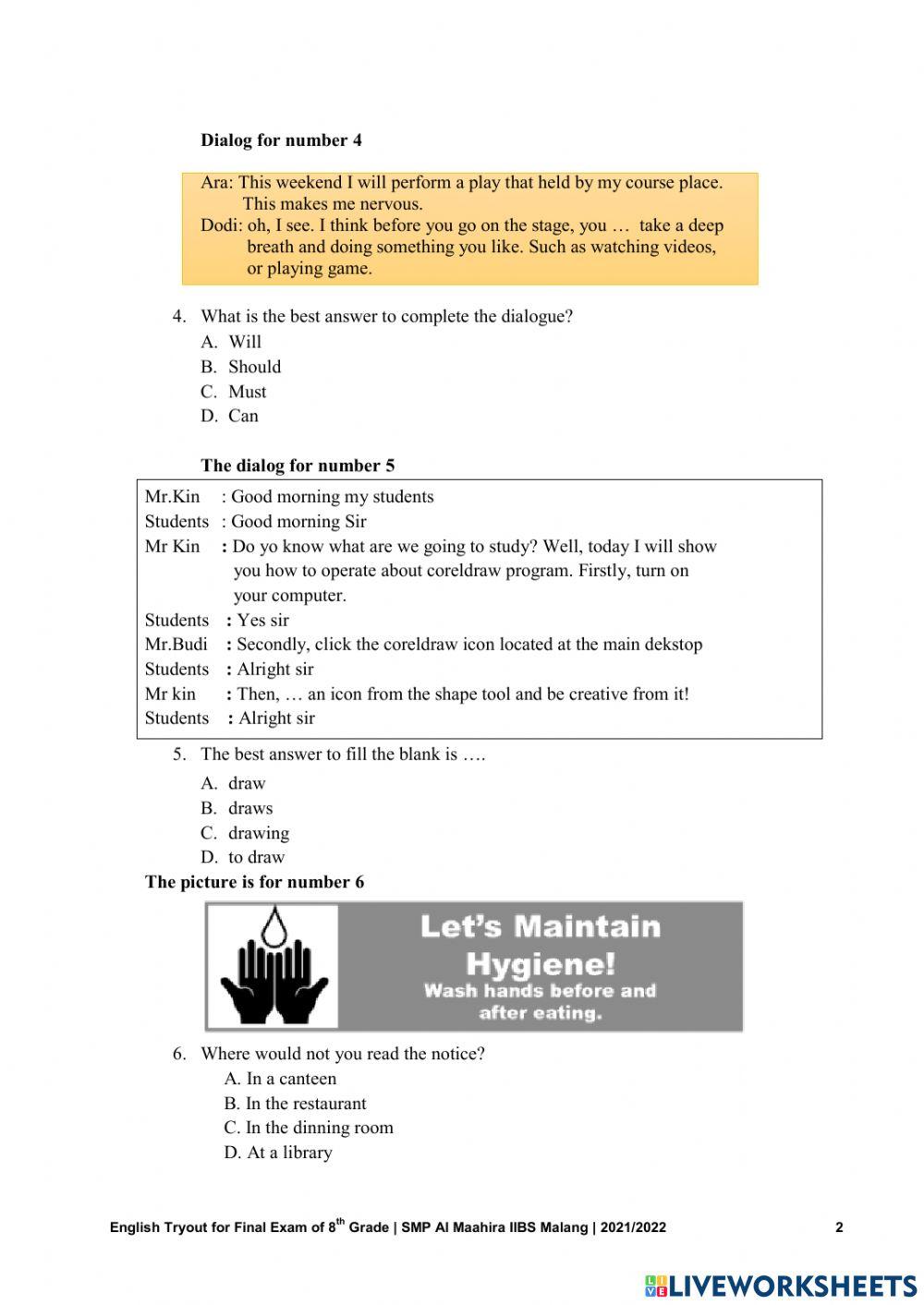 English Tryout for 8th graders