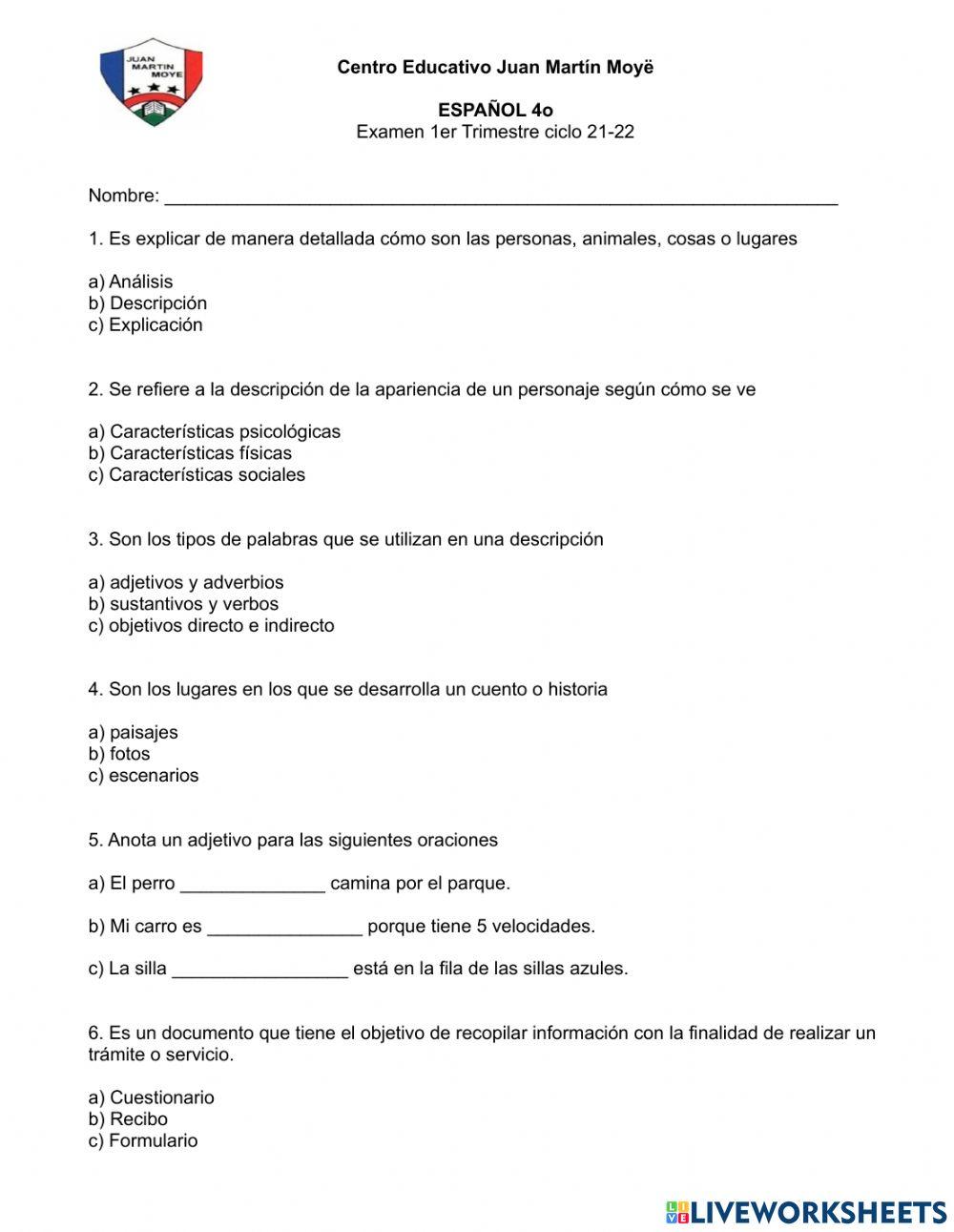 Examen 1er trimestre Español