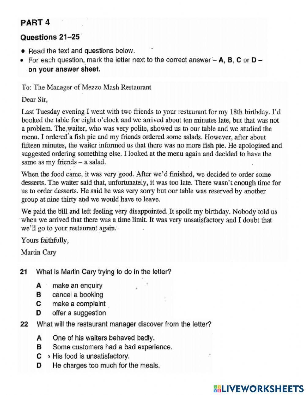 PET 3 - Test 4 - Reading