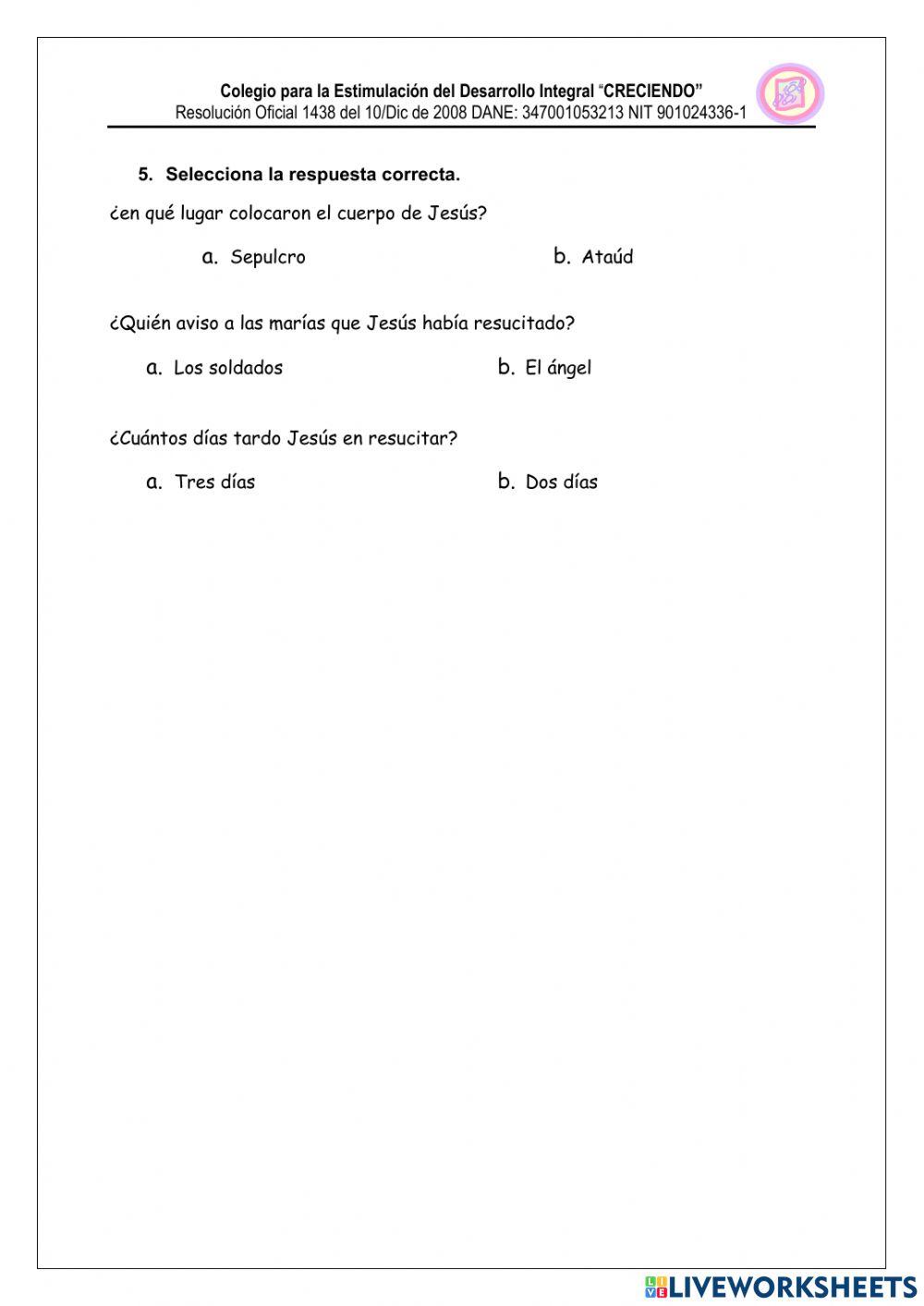 Examen segundo semestre religion 2°