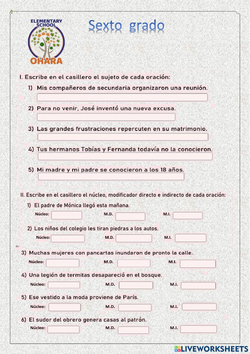 Examen español sexto grado