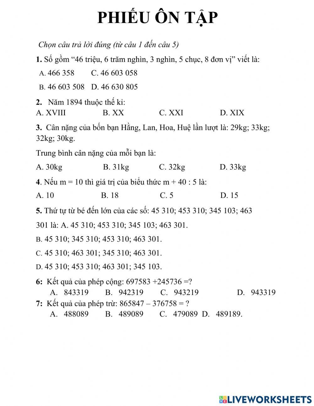 Ôn tập giữa kì 1 lớp 4