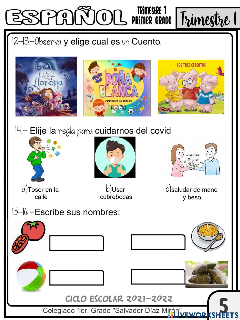 EXAMEN DE ESPAÑOL 1ER. GRADO  1ER TRIMESTRE