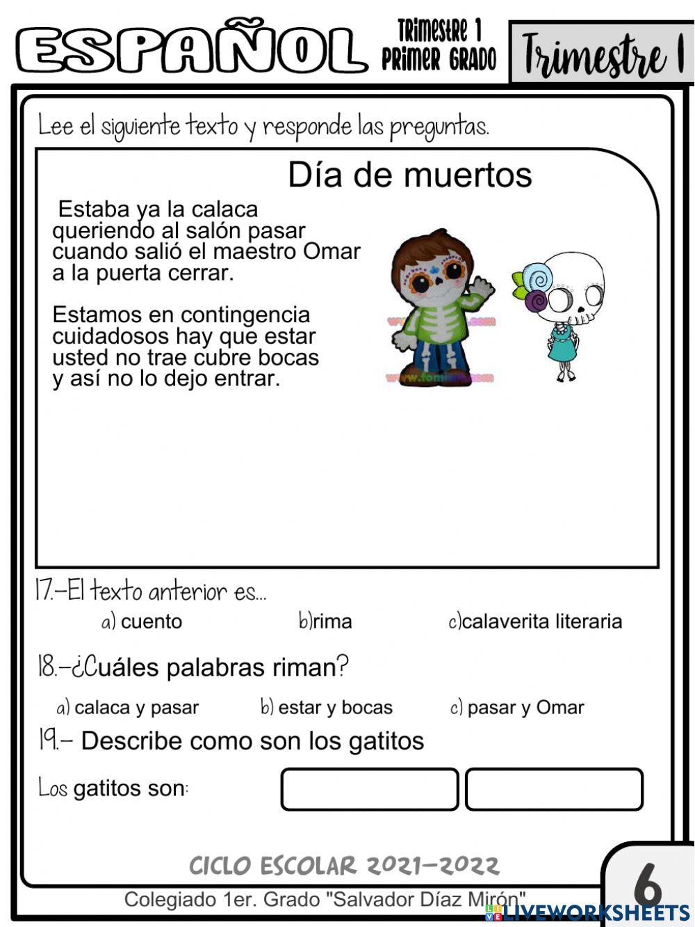 EXAMEN DE ESPAÑOL 1ER. GRADO  1ER TRIMESTRE