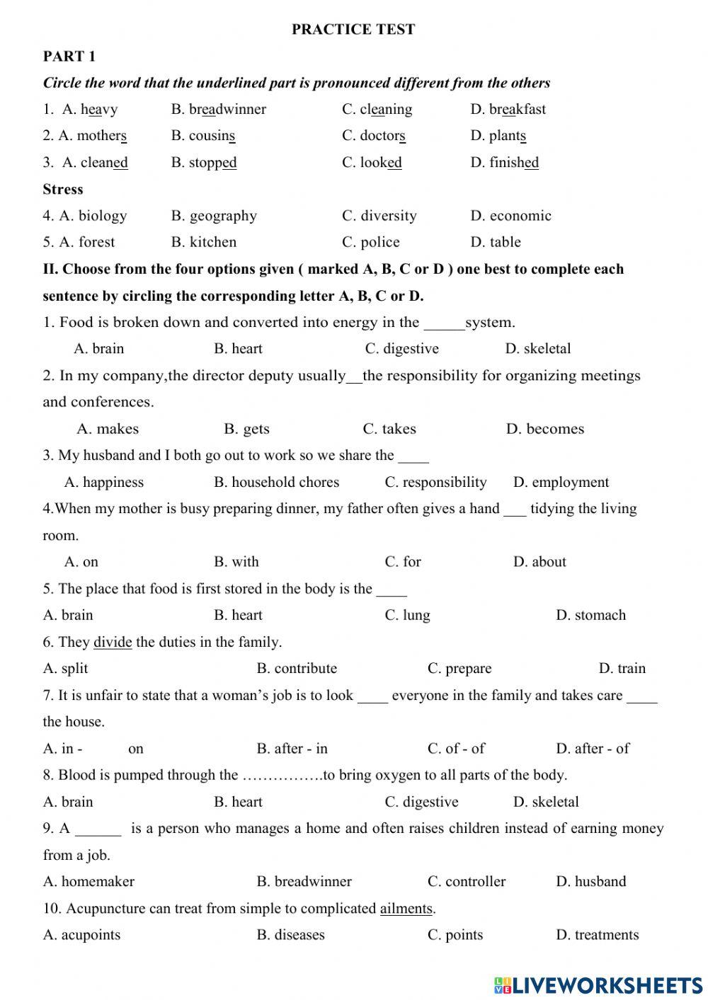 Practice test MID TERM ENGLISH 10 PART 1