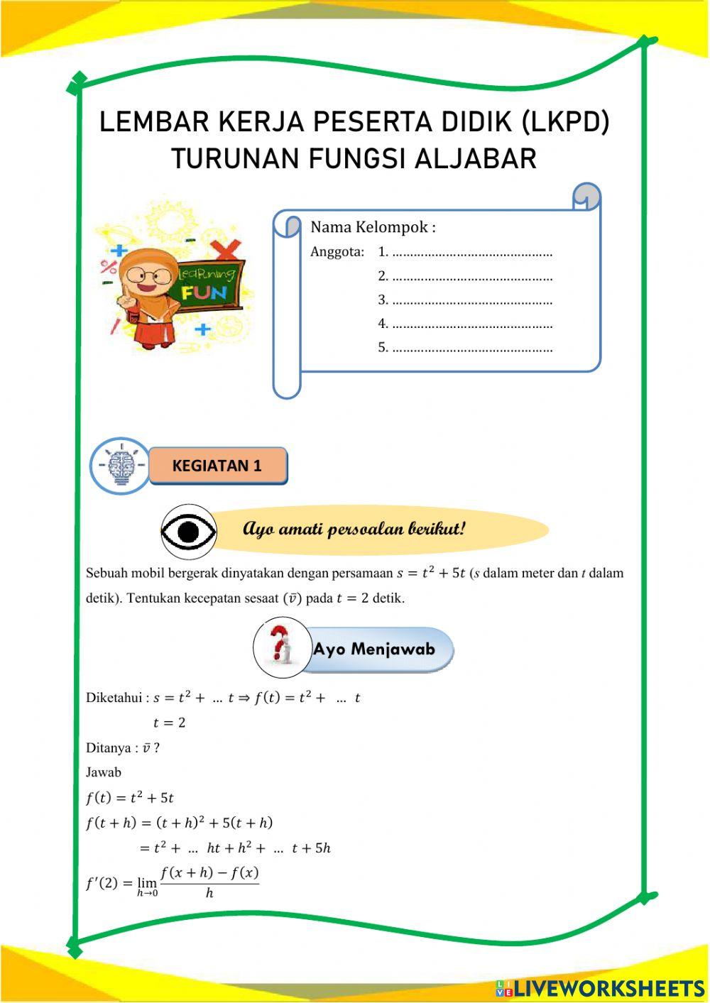 Lkpd turunan fungsi aljabar