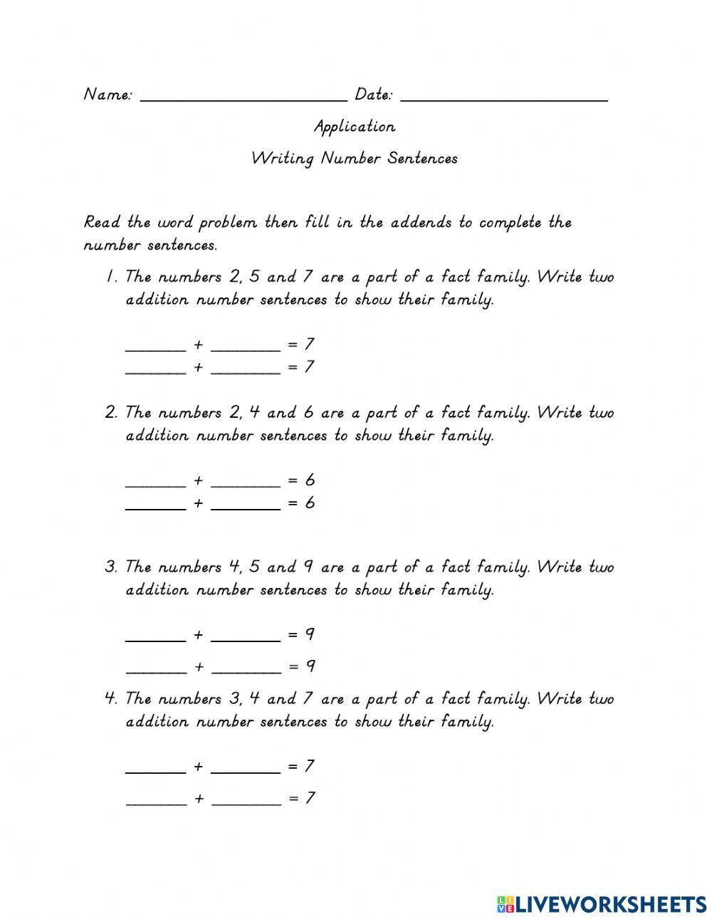 Writing Number Sentences 1 worksheet | Live Worksheets