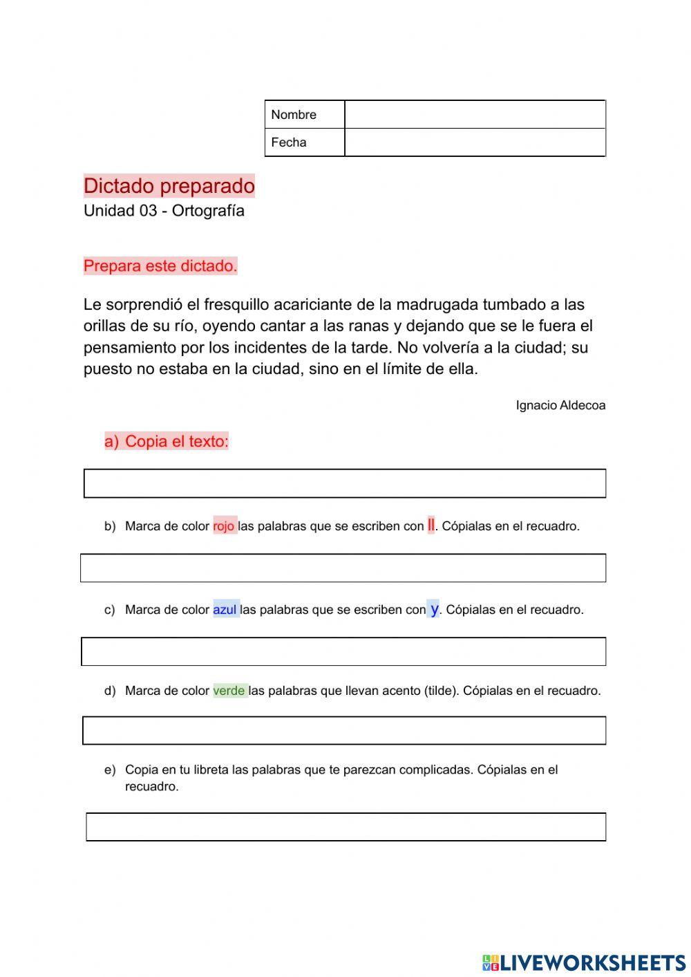 Dictado - castellano worksheet | Live Worksheets