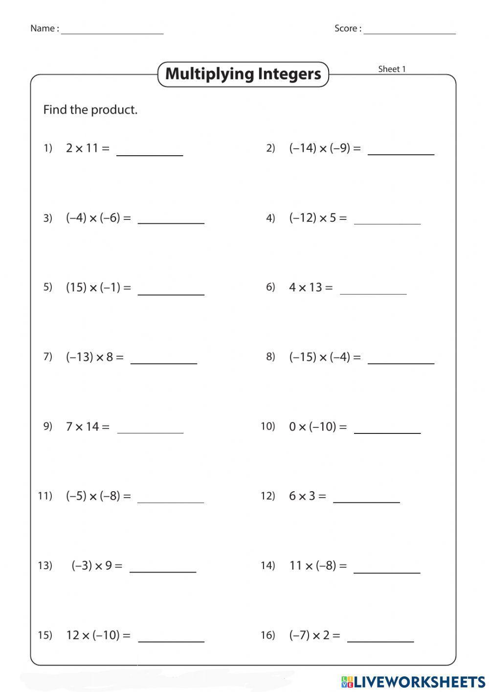 Multiplying Integers | lpelaosa | Live Worksheets