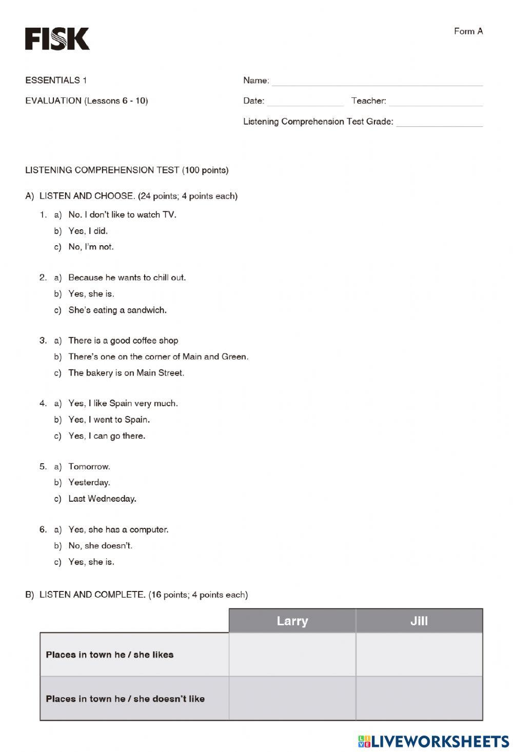 E1 Test L6 to 10 (Form A)