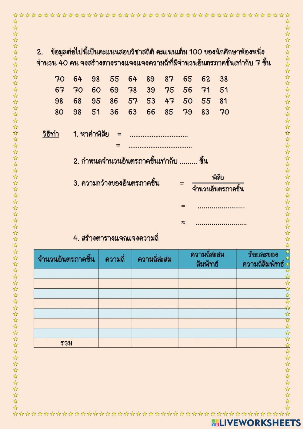 ใบงาน เรื่อง การแจกแจงความถี่