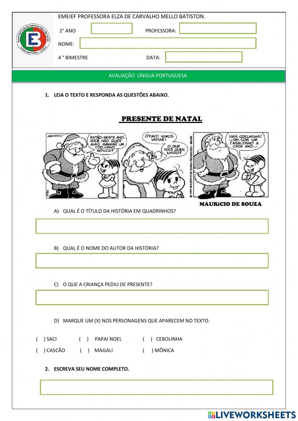 Avaliação de Língua Portuguesa
