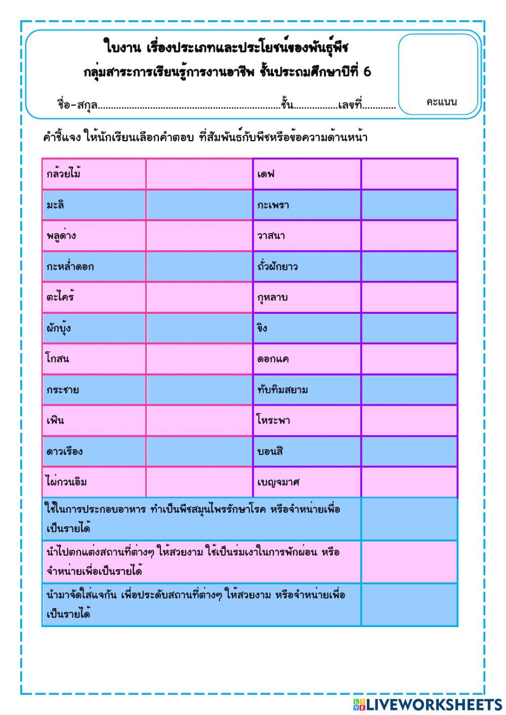 ใบงานวิชาการงานอาชีพ ประเภทและประโยชน์ของพันธุ์พืช