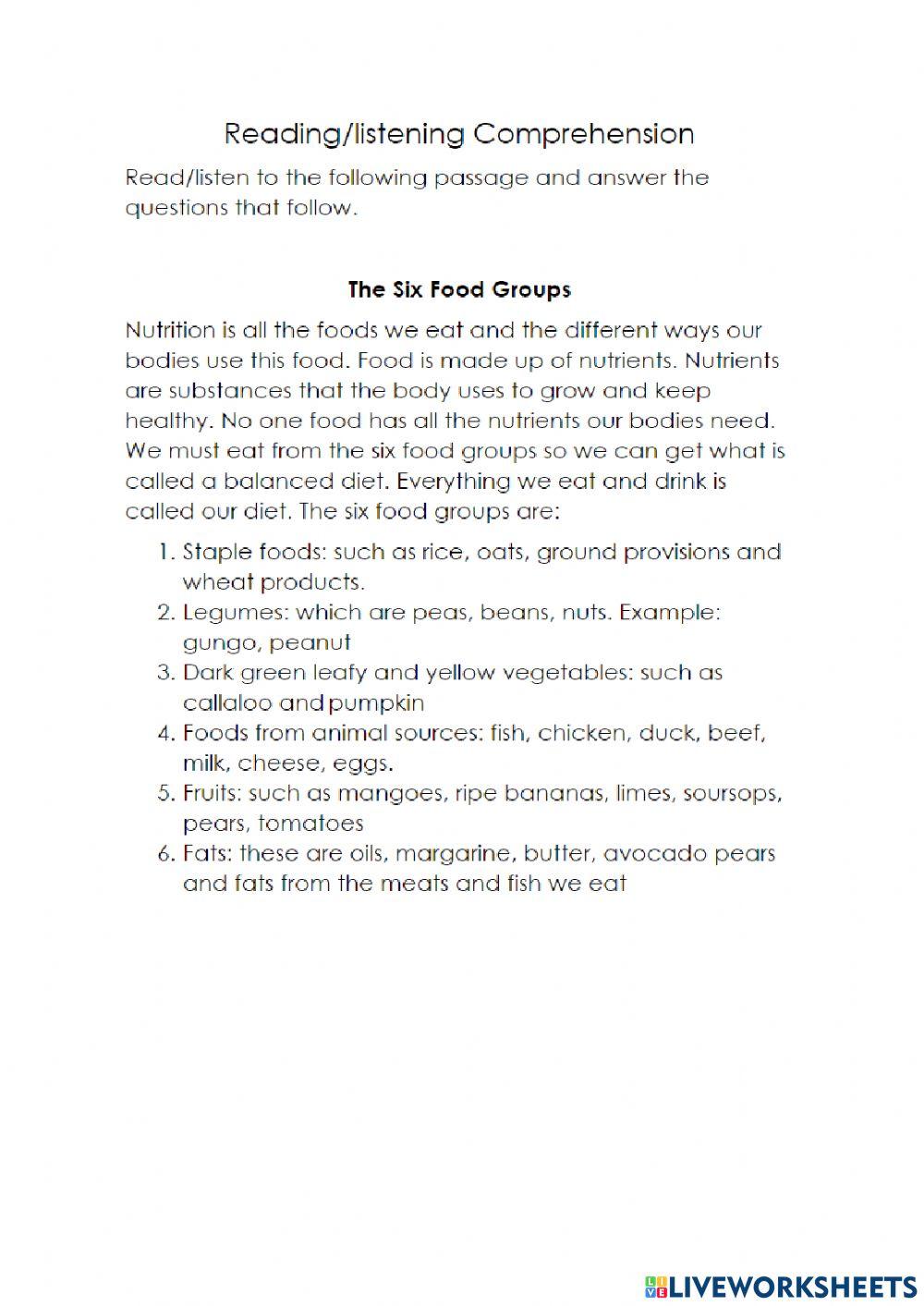 Food Group Reading Comprehension