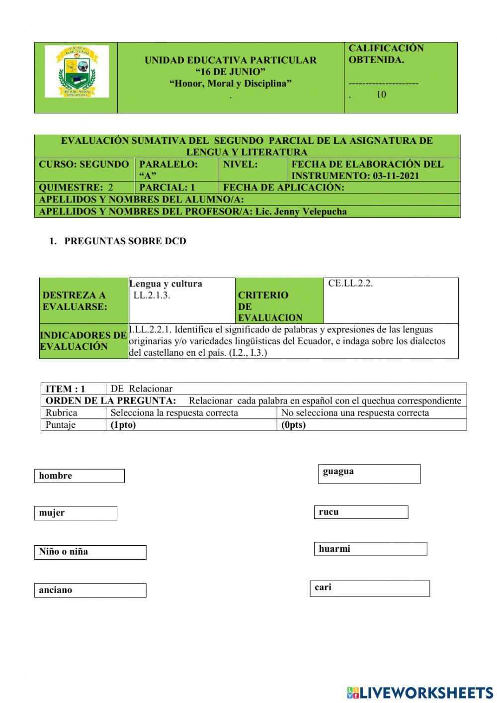 Evaluación lengua y literatura