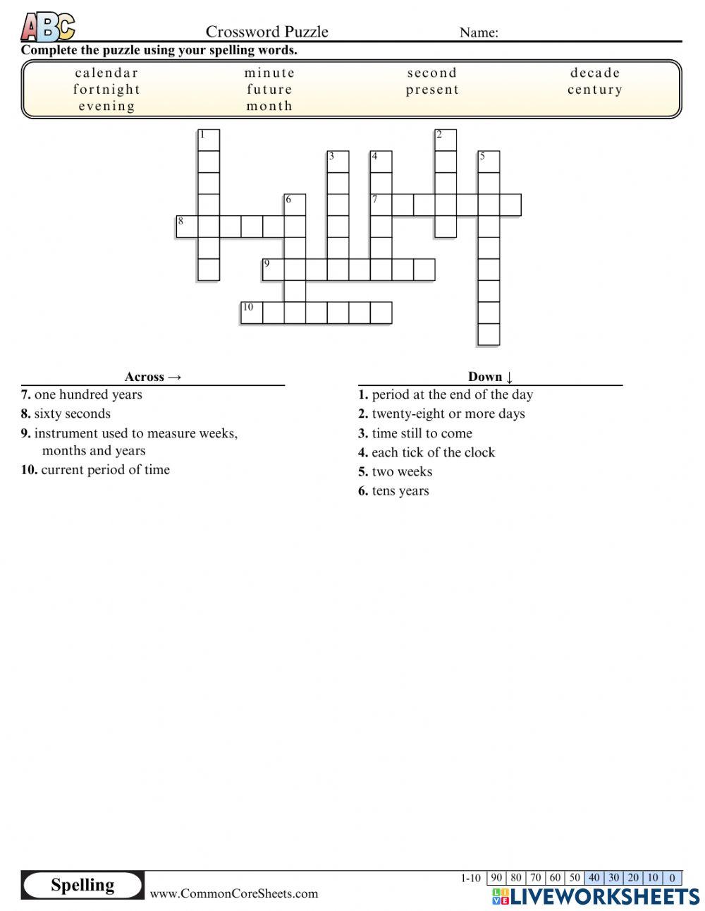 Time crossword online exercise for Live Worksheets