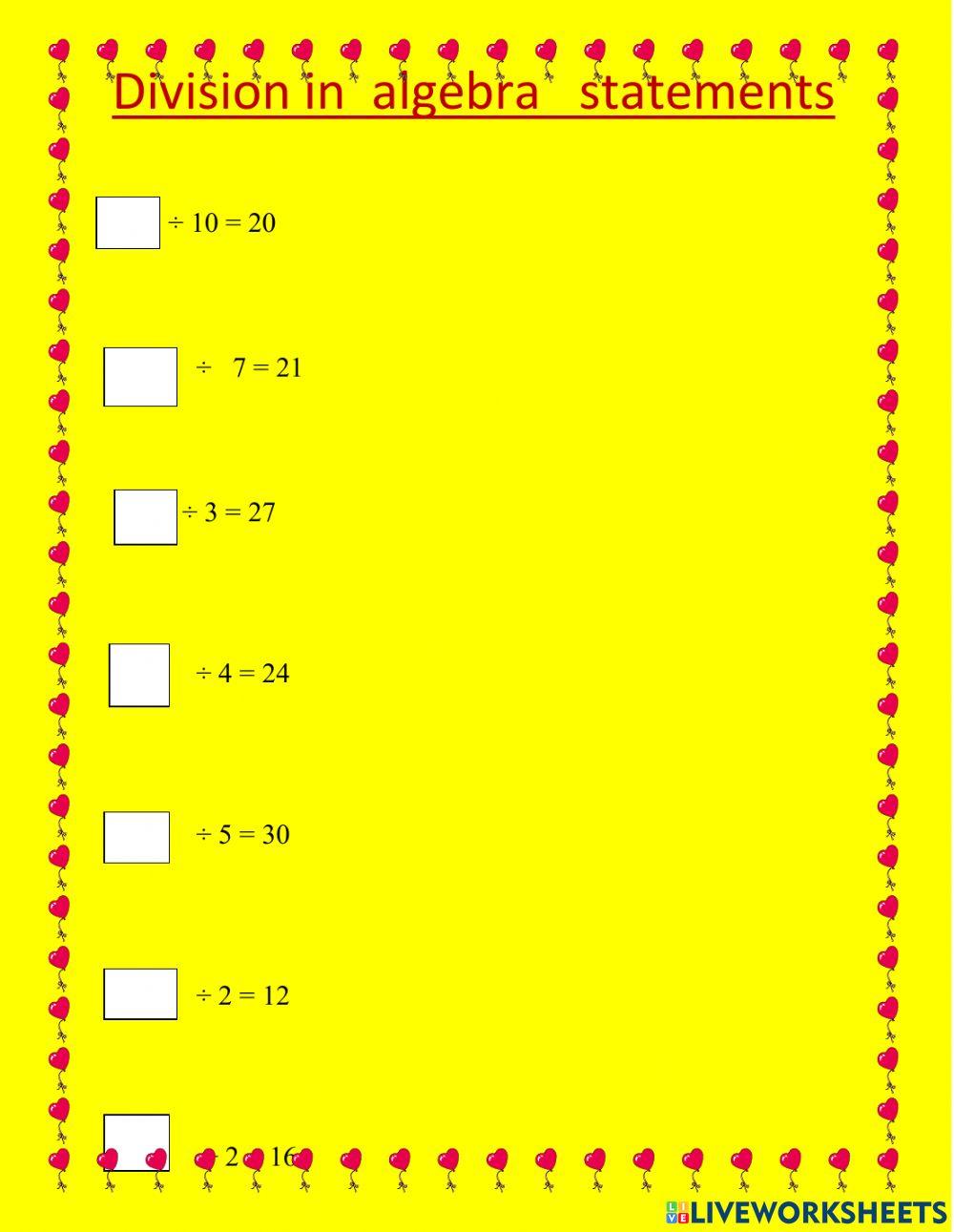 Division of algebra worksheet live worksheets