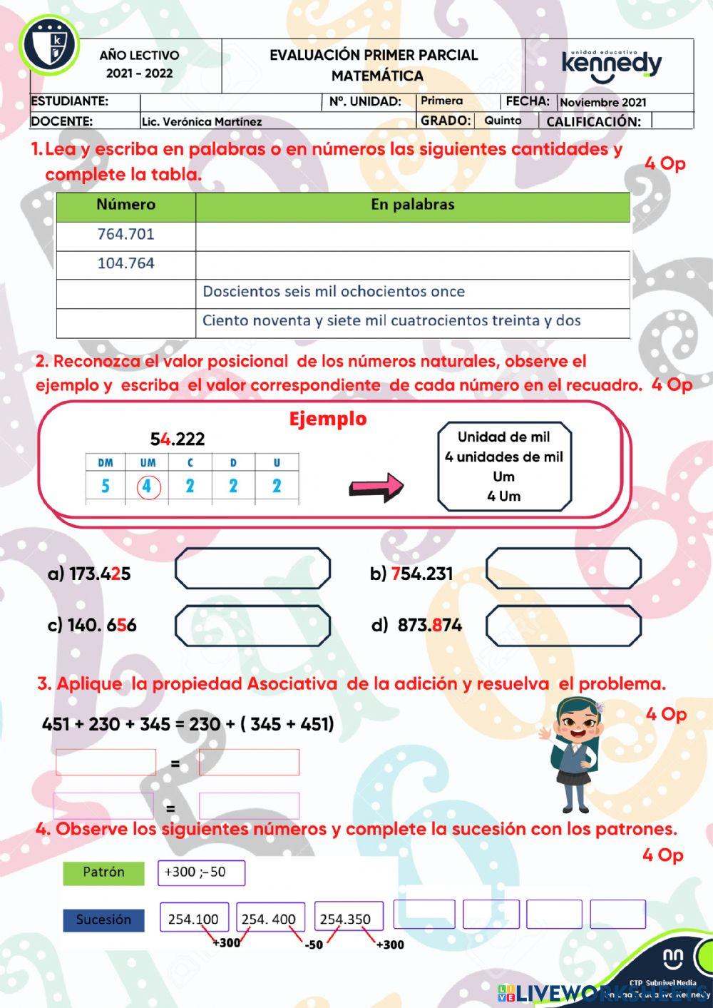 UE KENNEDY - Evaluación 1P Matemática