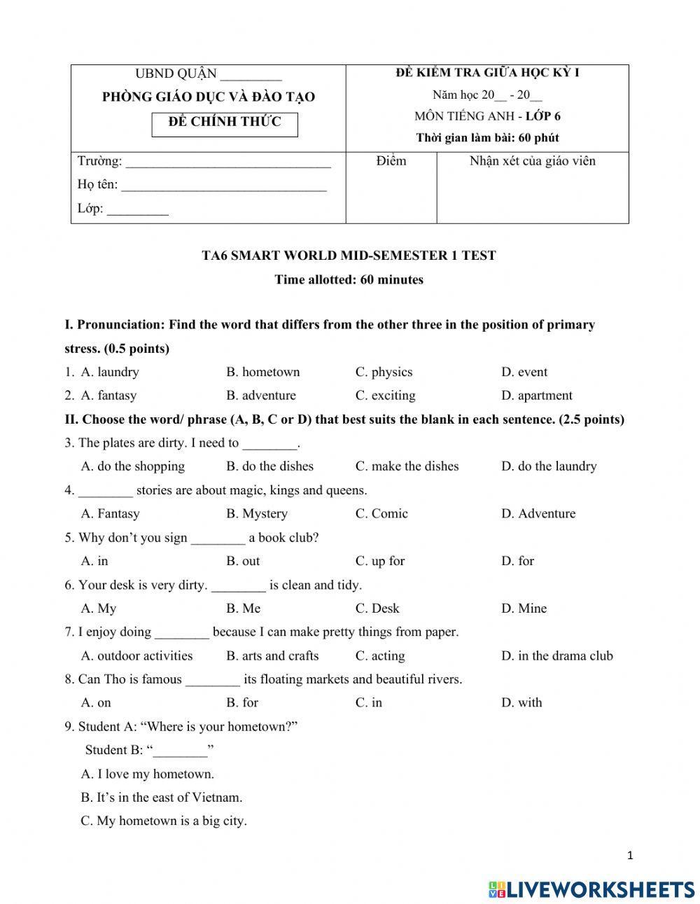 Lớp 6 kiểm tra giữa kỳ 1