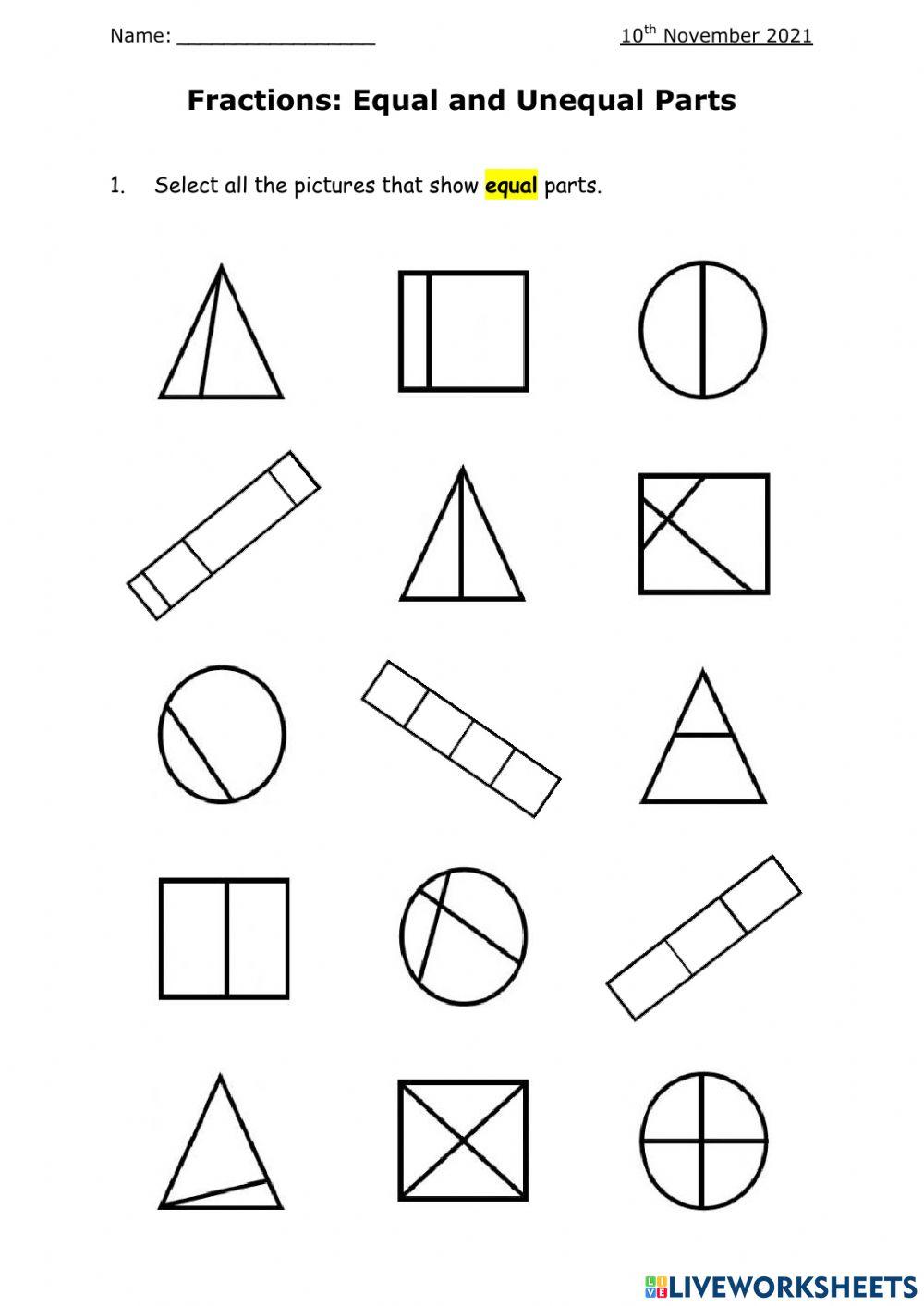 Fractions Equal And Unequal Parts Online Exercise For Live Worksheets Fractions Equal And Unequal Parts Online Exercise For Live Worksheets