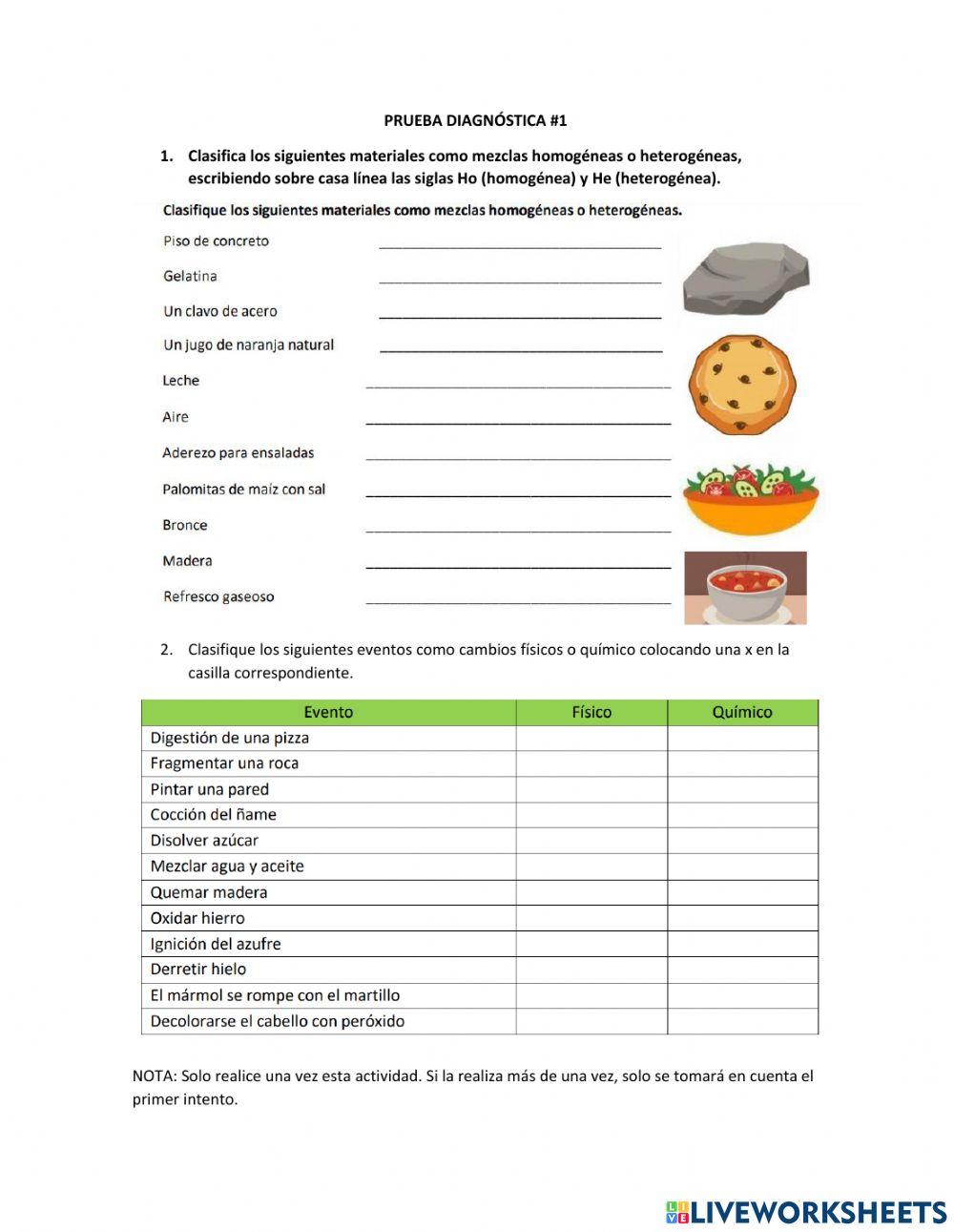 Prueba Diagnóstica Cambios y Clasificación de la Materia