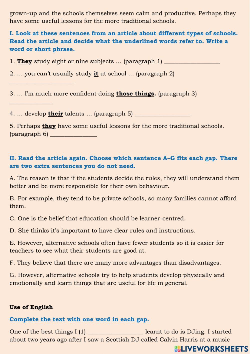 Reading and use of english test 2 class 9th online exercise for live
