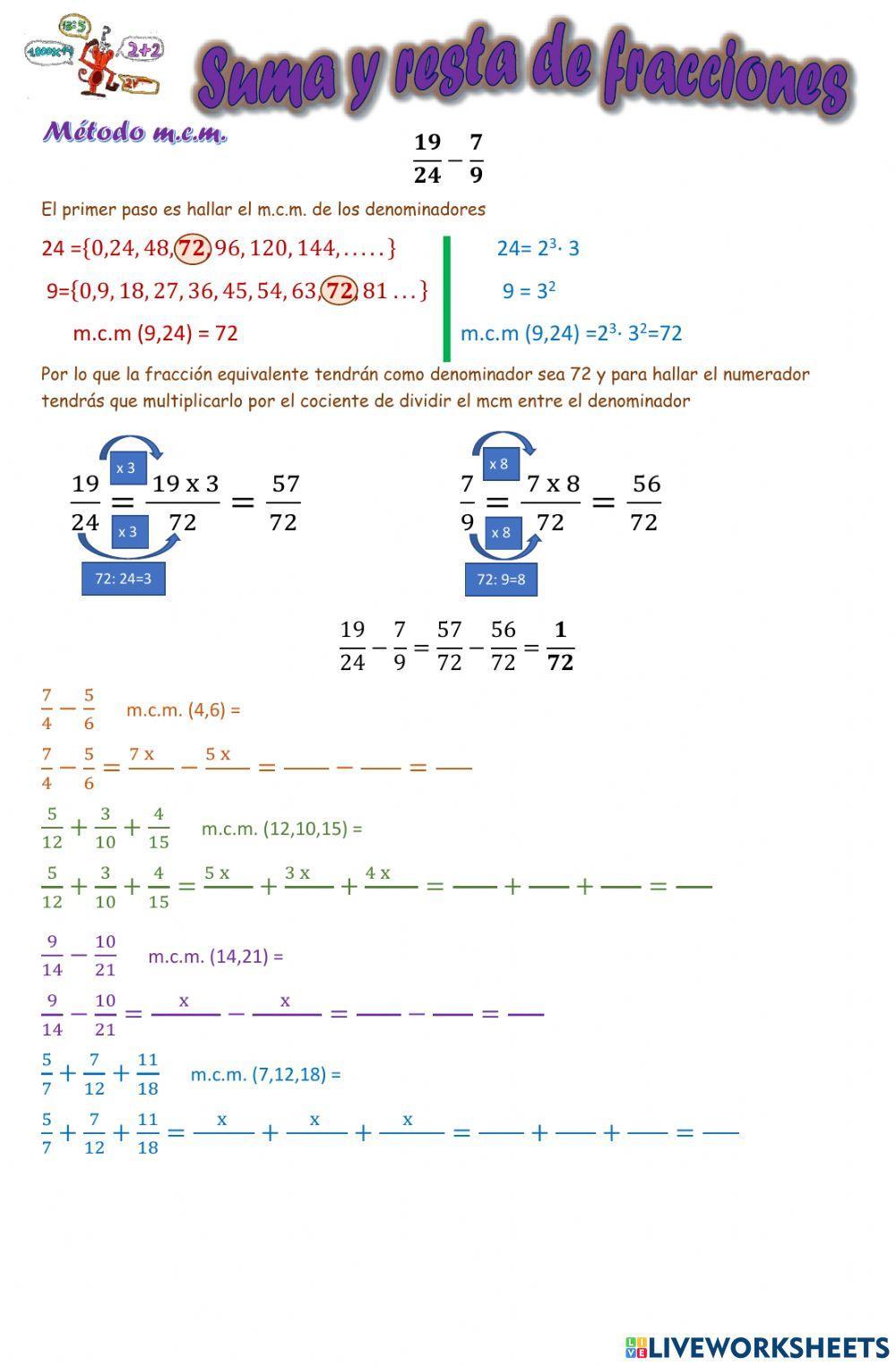 Sumas y restas con fracciones de distinto denominador-m.c.m.