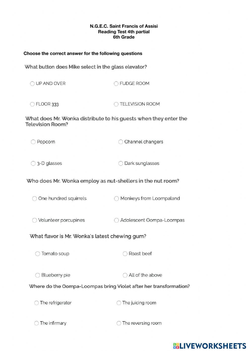 Reading Test Charlie and the chocolate factory