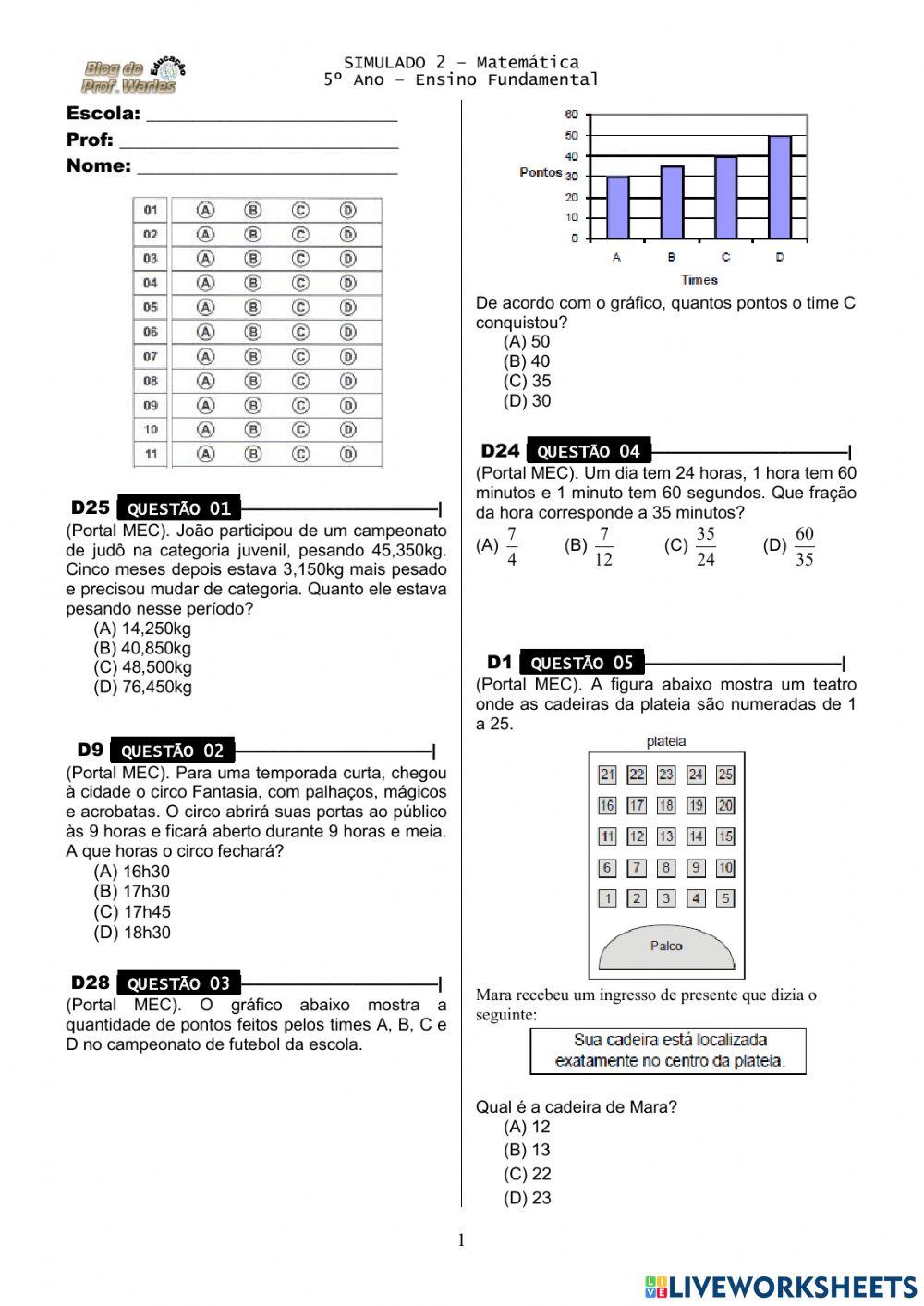 Informática na Escola - by Gika: (ATIVIDADE 17) 5º ano - Quiz D8 - Prof.  Warles (Matemática)