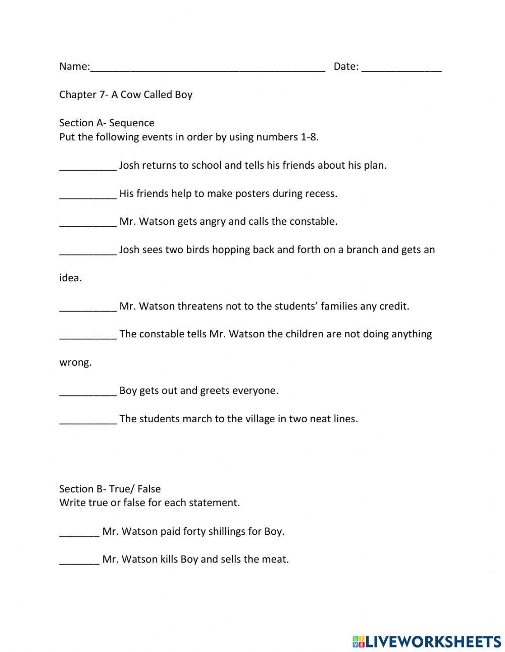 Chapter 7 A Cow Called Boy online exercise for Live Worksheets Chapter 7 A Cow Called Boy online exercise for Live Worksheets