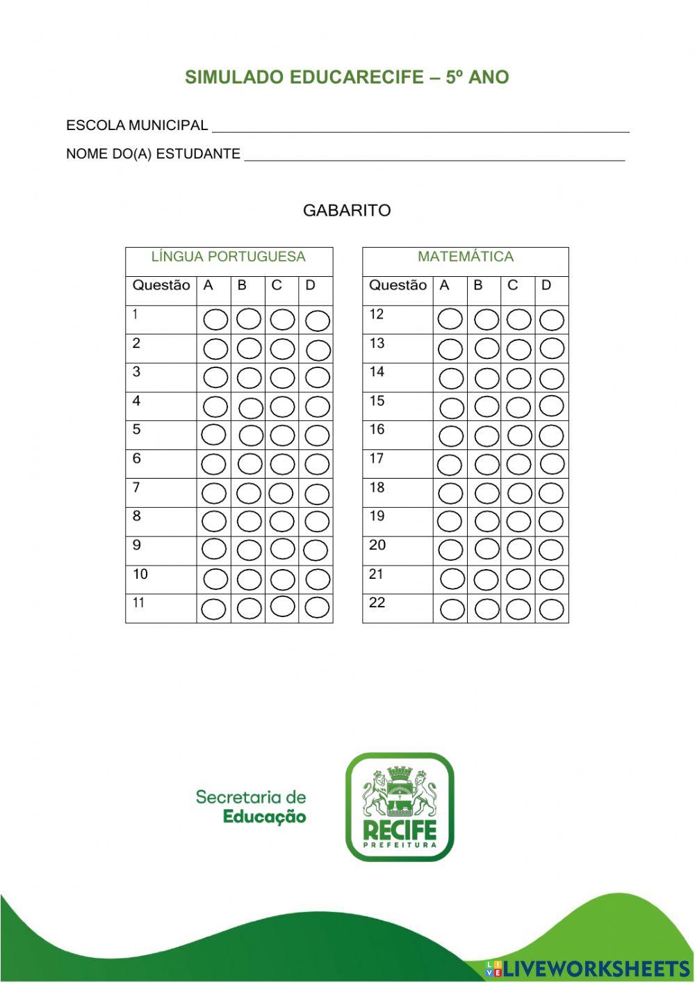 Simulado educarecife 5 ano