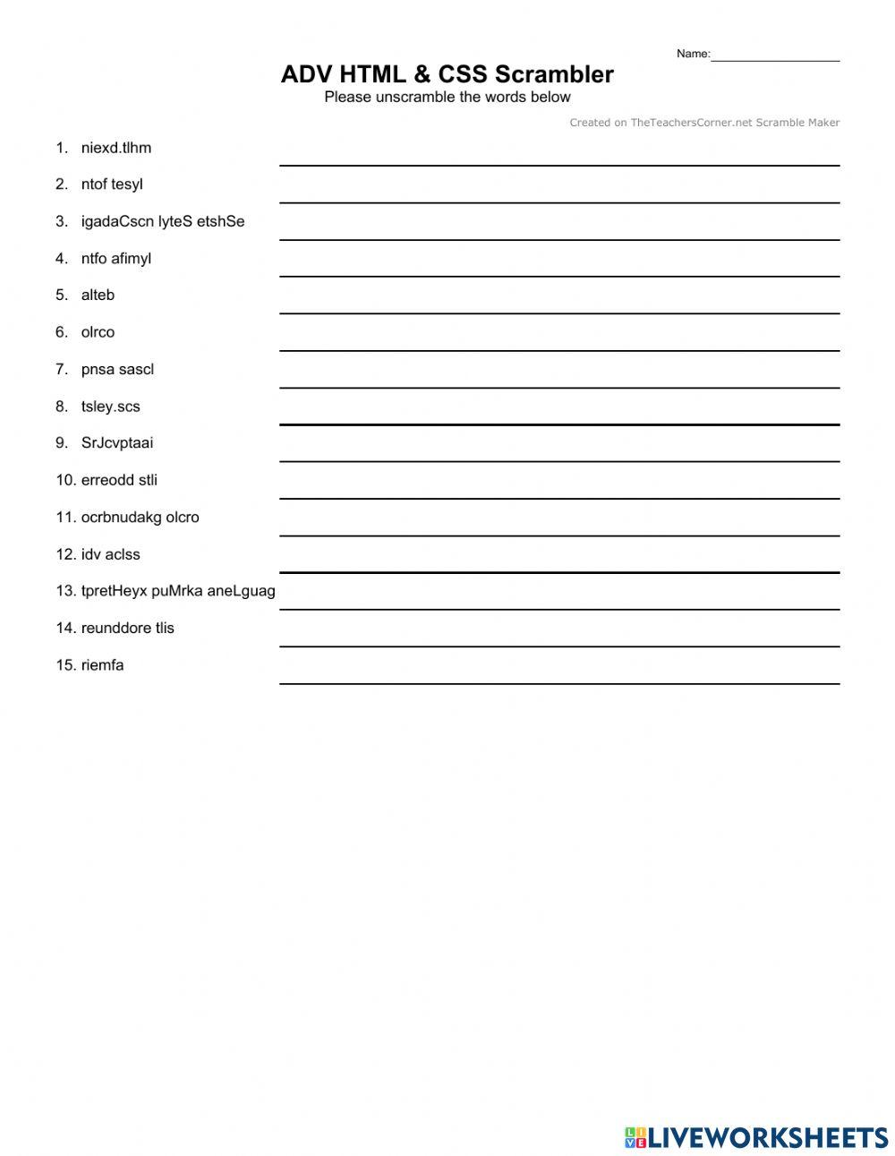 ADV HTML & CSS Scrambler worksheet | Live Worksheets
