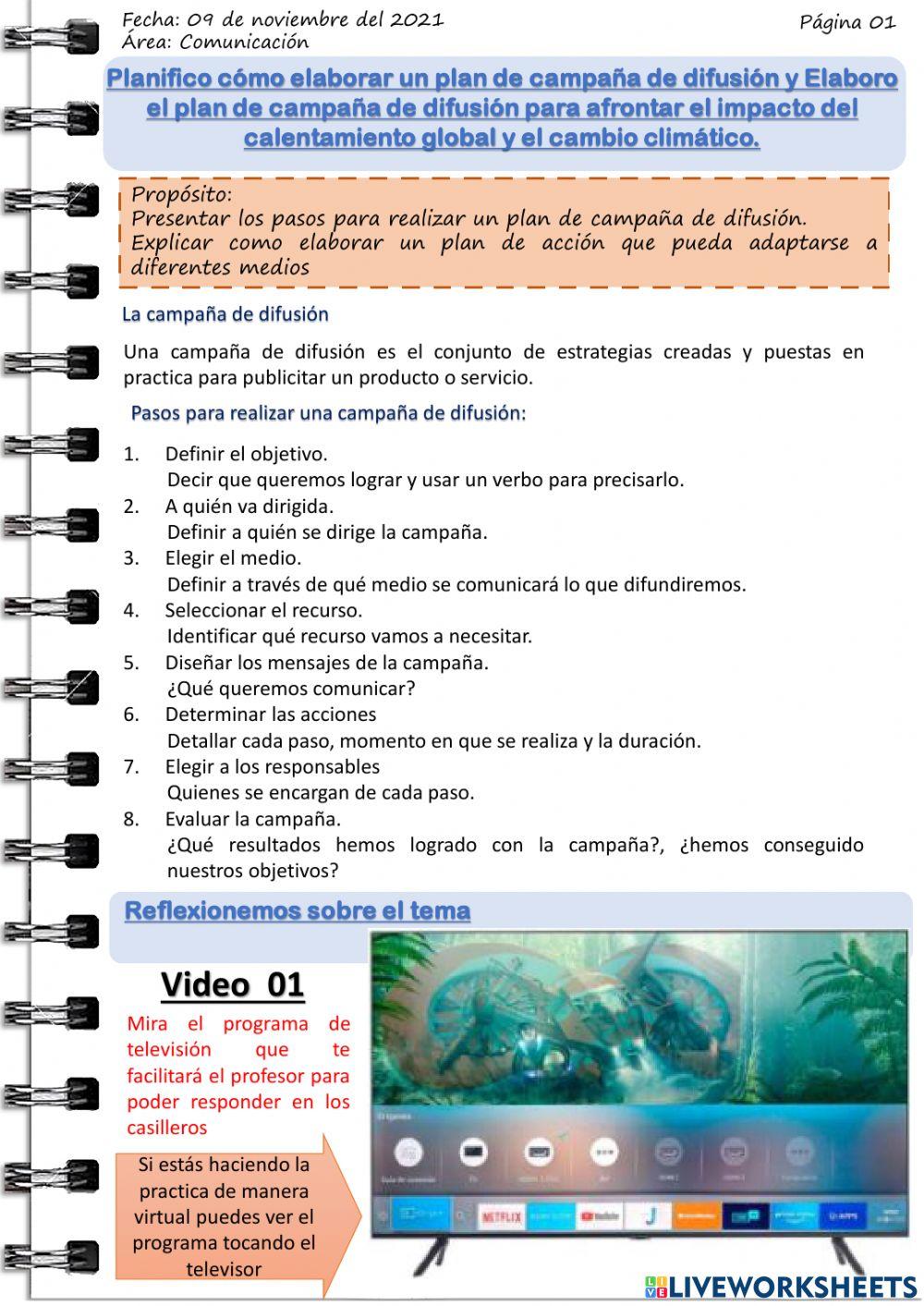 Planifico cómo elaborar un plan de campaña de difusión y Elaboro el plan de campaña de difusión para afrontar el impacto del calentamiento global y el cambio climático.
