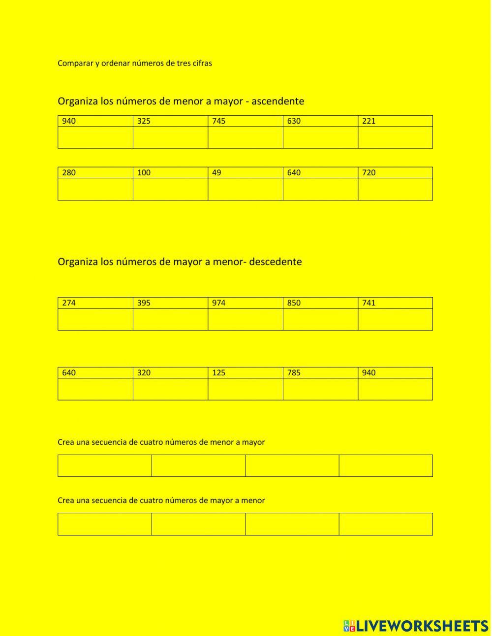 Comparar y ordenar números hata 1,000