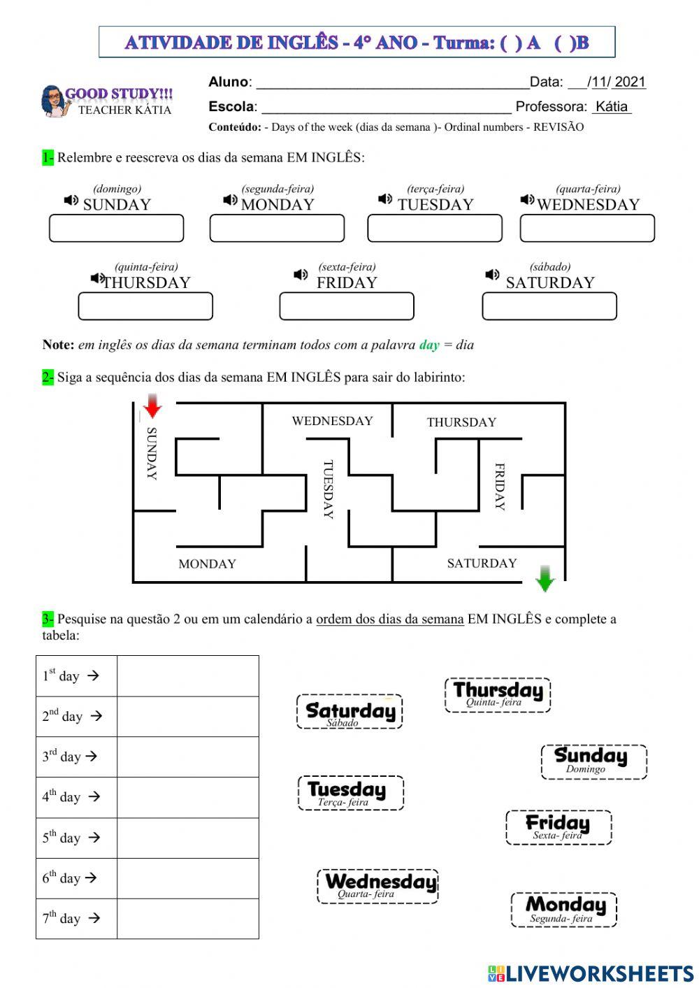 4° ano - inglês - Days of the week - 10-11-21