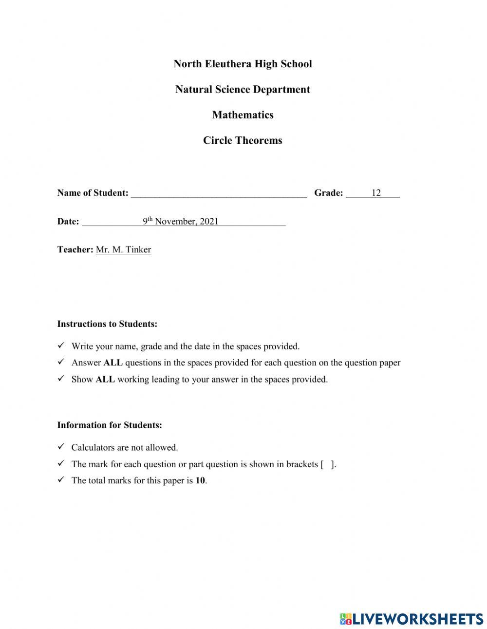 1st Circle Theorems Graded Assignment Online Exercise For Live 1st Circle Theorems Graded Assignment Online Exercise For Live