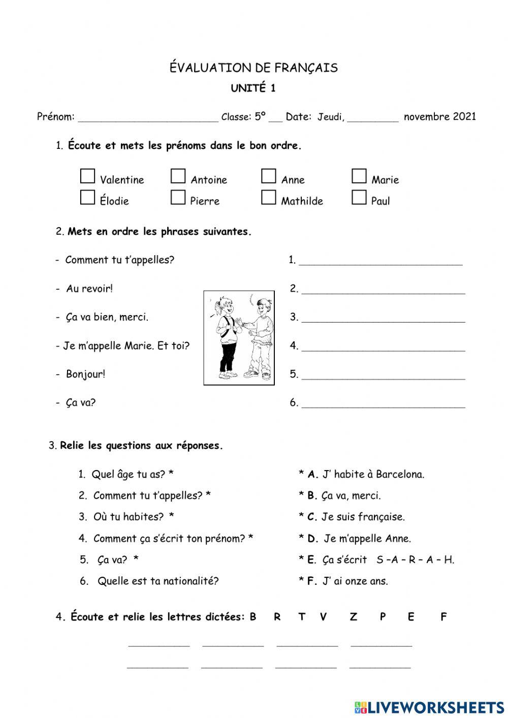 Évaluation de français unité 1