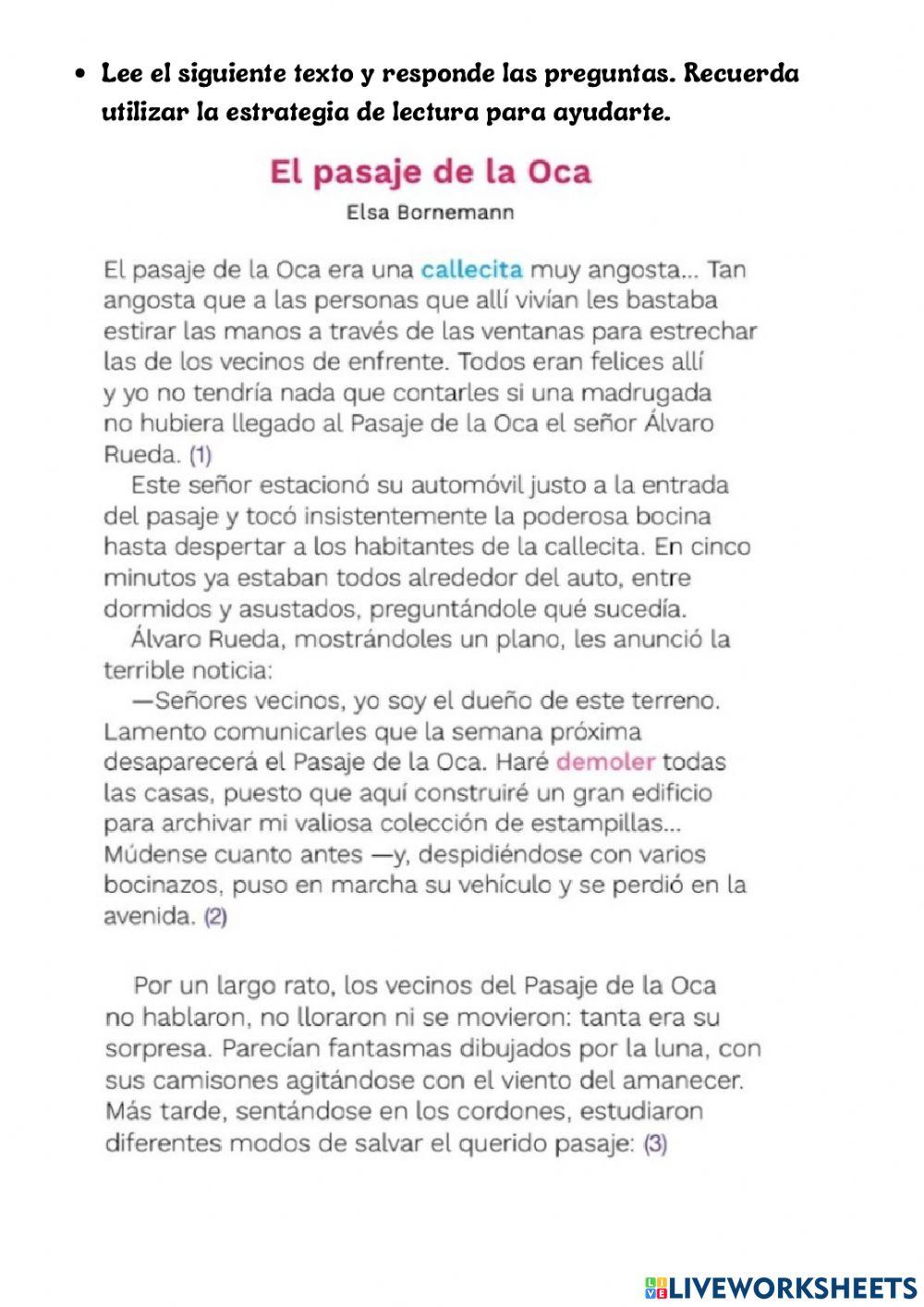 El pasaje de la Oca- Tarea Lenguaje-Comprensión lectora